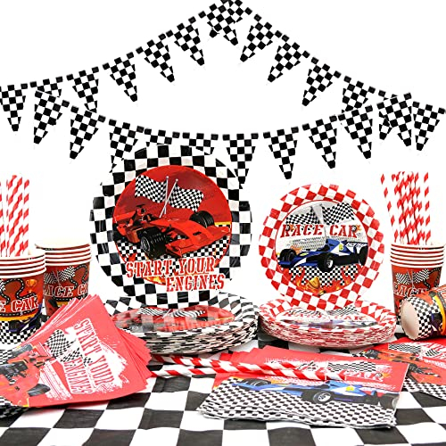 Racing Car Party Supplies Set Serves 20 - Includes Triangle Bunting Flag, Plates, Napkins, Straw, Cup, for Kids Boys Let's go Racing Party Birthday Supplies
