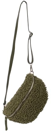 FASHION YOU WANT Teddy Plüsch Hüfttasche Damen Gürteltasche für Festival Reise Bauchtasche mittelgroße Crossbody Bag Frauen mit echt Leder Schultergurt Maße 27x16cm (Khaki RFS Silber)