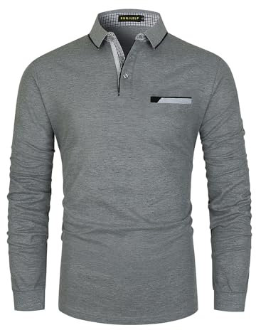 KUNJLELP Herren Poloshirt Basic Langarm aus Reiner Baumwolle Casual Polohemd Slim Fit Kontrastfarbe Golf T-Shirt,Grau 02,XL