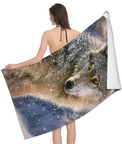 LAMAME Trendiges Badetuch mit Wolfs-Motiv, leicht, Strandtuch, tragbares Mikrofaser-Badetuch