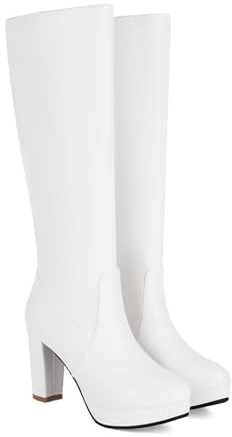 Stivali Alti Al Ginocchio Da Donna 2024 Nuovi Boots Con Gambale Lungo E Piattaforma Con Tacco Largo Stivali Da Cavaliere In Pelle PU Con Cerniera Laterale Tacchi Alti Eleganti for Feste ( Color : Whit