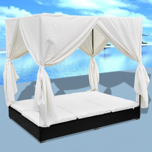 ULUYYUC Rattan-Liegebett Sonnenbank Tagesbett-Überdachung Liege GartenOutdoor-Loungebett mit Vorhang Poly Rattan Schwarzgeeignet für Pools, Strände, Decks