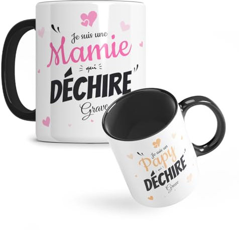 Mug duo MAMIE PAPY qui déchire - Lot de 2 tasses fete des grands meres et fete des grands peres - Cadeau grands parents - Anniversaire Noël Fête Grand-mère et Grand-père - Céramique 330ml x2