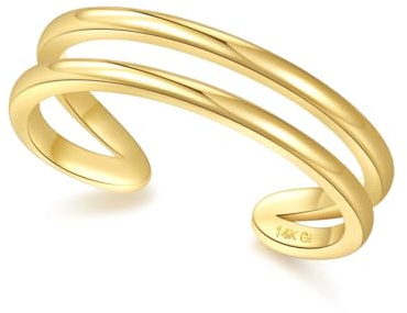 PLOMFOV 14K Gold Filled Gold Toe Rings for Women Adjustable Toe Rings Non Tarnish Solid 14K Real Gold Toe Ring Double Line