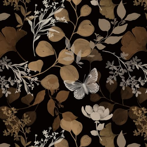 Fiula Papier Peint Autocollant Vintage Avec Motifs De Fleurs Papillons Et Feuilles Décoration Murale Pour Meubles Salon Chambre à Coucher Imperméable Vinyle Marron Foncé Et Blanc 41CM x 3M