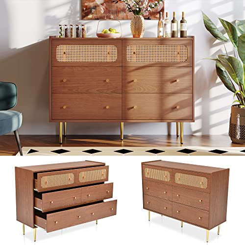 VSOGA Kommode mit 6 Schubladen, Rattan Sideboard, Highboard für Schlafzimmer, Nussbaum, 90 x 120 x 40 cm