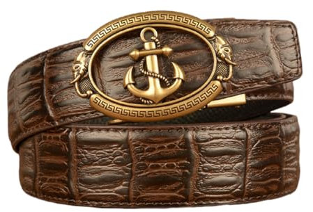 xichuangyuXCY Men's Leather Ratchet Belt Retro Dragon Pattern Eagle Tiger Buckle Carved Casual Business Belt 49 (Brown Crocodile pattern Anchor)