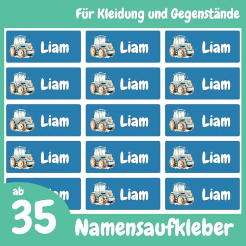 Namensschilder für Brotdose, Trinkflasche & Mehr (35 Aufkleber) – Spülmaschinenfeste Namensetiketten mit Traktor Motiv – Personalisierte Sticker mit Motiv – Waschfest – 30 x 13 mm