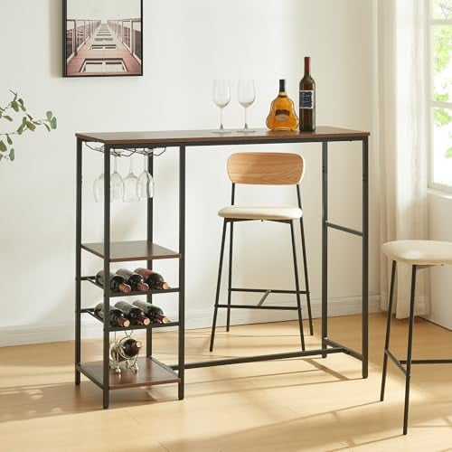 [en.casa] Bartisch Stjørdal Stehtisch mit Flaschenregal Küchentisch 120 x 40 x 105 cm Bistrotisch mit Metallgestell Küchentheke Schwarz/Walnussoptik