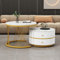 BTM High Gloss Round Coffee Table Set with Storage - Gold Table with Marble Pattern Top + White Table with 2 Drawers, Nesting Set for Living Room, 60x60x46+50x50x31cm
