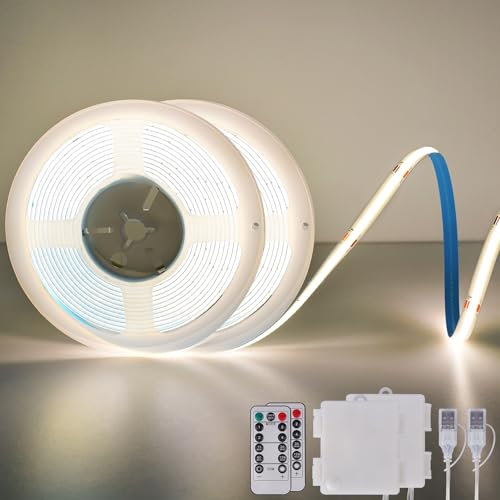 StarryEver 2 Stück COB LED Streifen mit Batterie, 2M 640 LED Lichtband 4000K Naturweiß, Schneidbar Flexible LED Strip Lights mit Fernbedienung 4 Modi Timer für Schlafzimmer, Küche, DIY Schrank Regale