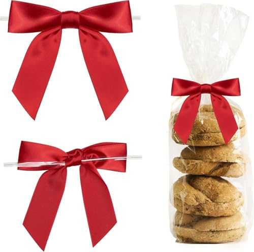 25PCS Mini Satinband Schleifen,Mini Weihnachtsschleifen,Kleine Schleifen Weihnachten,Mit Transparentem Satinband für Geschenktüten, Snacktüten, Bastelarbeiten, DIY-Keks-Bonbontüten/Rot