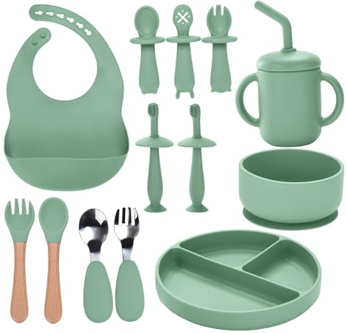 Silikon Baby Geschirrset, 13PCS Kindergeschirr Set, Baby Teller Mit Saugnapf,Baby Schüssel, Baby Trinkbecher, Baby löffel und Gabel, Lätzchen, Baby Zahnbürste, Baby Led Weaning Besteck Set (Hellgrün)