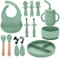Assiette Bebe, Lot de 13 Set Coffret Repas BéBé,Bol Cuillere Bebe, Bavoir Silicone Bebe, Assiette Ventouse Pour BéBé, brosse a dent bebe,Enfant Set Couverts Vaisselle Pour Sevrage Manger (Vert Clair)