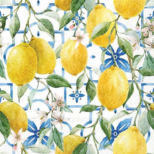 Ambiente Serviette Mediterrane Zitronen 33x33 cm 20 Stück Bedruckung Einseitig Sommer Papiermotiv für Serviettentechnik oder Decoupage Techniken