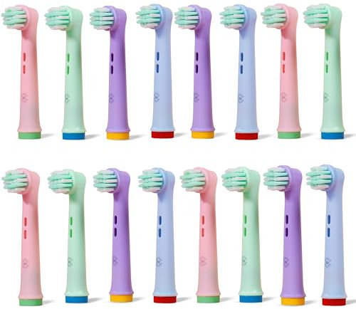 Brossette Compatible Oral B Enfant | OralVista Pack de 16 Têtes de Brosse à Dents Électriques Colorées pour Enfants | Doux pour les Gencives Sensibles | Design Amusant | Facile à Installer et Durable