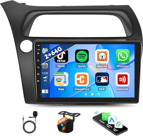 Radio para Coche Android 2G+64G para Honda Civic VIII 2006-2011 CarPlay inalámbrico Android Auto Bluetooth GPS Navegación Pantalla táctil de 9 Pulgadas WiFi FM/RDS SWC Mirror Link + Cámara AHD