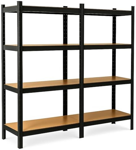 EURO VANADIUM - Double Étagères de rangement Charges Lourdes - 160 x 160 cm - 640 kg - Étagères de garage modulables, 4 Niveaux, 8 Plateaux - 40 cm - Noir