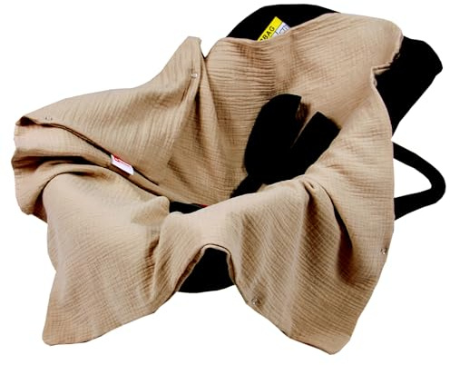 Babylux Einschlagdecke für Babyschale Autositz 80x80 cm – Sommer Babydecke aus Musselin Baumwolle – Atmungsaktiv, mit Gurtschlitzen (Coffee)