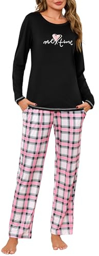 Leversic Pyjama Femme Hiver Manches Longues Haut Imprimé et Pantalon Long à Carreaux Ensemble Confortable pour la Maison Noir M