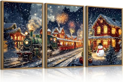 TOARTi Weihnachten Wandkunst,Weihnachtszug Poster,Weihnachten Leinwand Wanddekoration,Winterliche Weihnachtsszene Leinwand Kunst Druck Wohnzimmer Schlafzimmer Büro Winter Deko Poster 3er Set 30x40cm