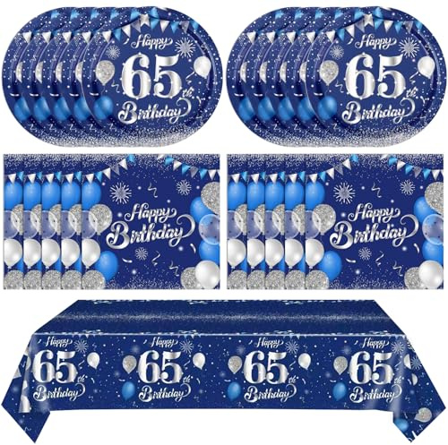 41Pcs Elegant 65th Birthday Decorations, Blue silver 65 Years Old Birthday Party Supplies, Disposable Plates Napkins and Table Cloth Set, 65th Birthday Table Decor for Men Women, Serve 20