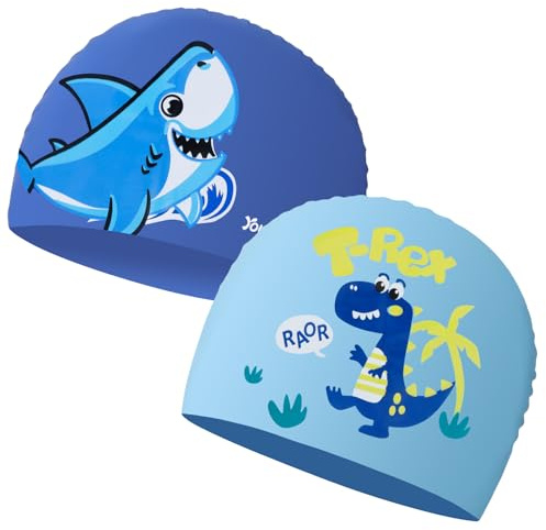 2 Stück Kinder Badekappe Wasserdicht, Elastisch Swimming Cap Junior Stoff Badekappe Schwimmhaube Schwimmkappe für Jungen Mädchen Kinder, Blau