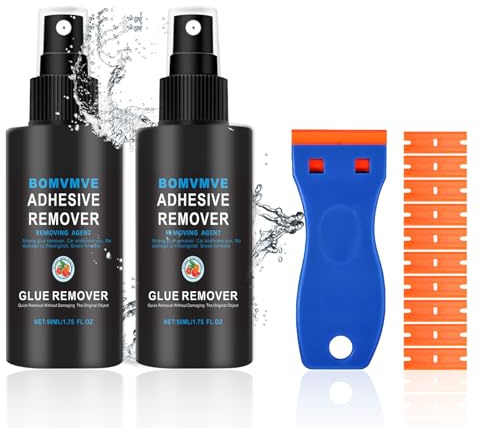 BOMVMVE Eliminador de Pegatinas, eliminador de Etiquetas | superpegamento con raspador y cuchillas de repuesto, limpiador de pegamento, para coche, ventana, paredes (50 ml x 2)