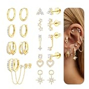 FIOROYAL 8 Paar Ohrringe Gold Set Damen Medizinische Ohrstecker | Chirurgenstahl Hypoallergene Ohrringe,Creolen mit Anhänger Kette Kleine Ohrstecker,Conch Helix Tragus Piercing Ohr