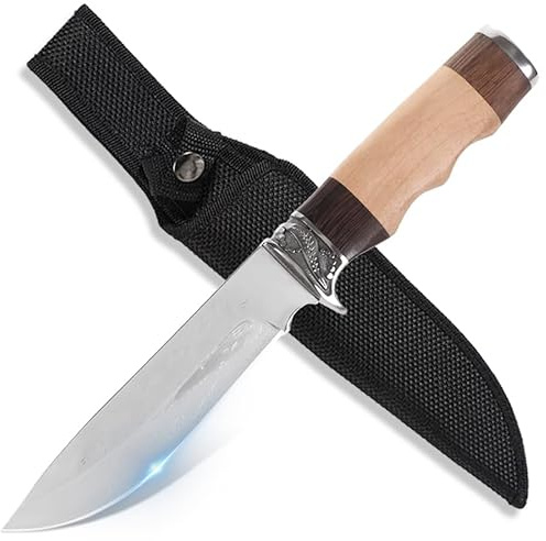 GER-SABER Outdoor Messer 27 cm – Clip-Point Klinge mit Verzierung, Klassischer Handschutz mit Motiv, Geschichteter Holz-Griff, Eleganter Naturbegleiter