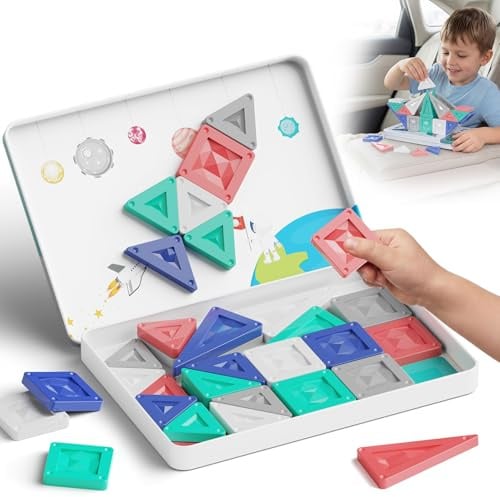 Magnetische Bausteine Jungen Morandi Zug 40pcs: Zinnkasten kompakt Ruhe | 400g kompakte Kiste als Baufläche 45 Min leise auf Bahnfahrten, Magnetische Tiles ultraleicht für Handgepäck ab 3 Jahren