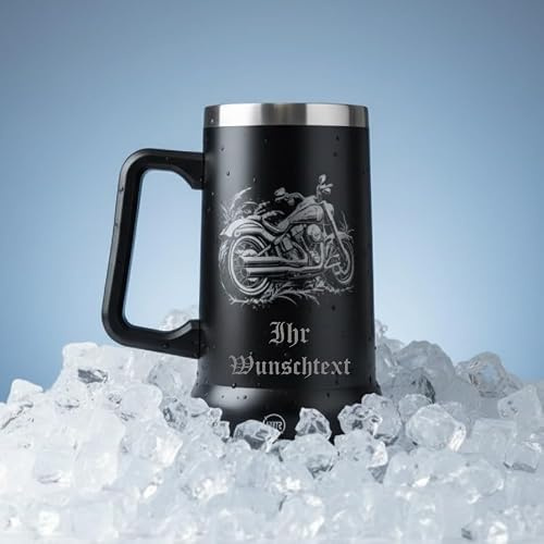 Bierkrug mit Motorrad-Gravur, Schwarz, Edelstahl, mit eigenem Text personalisieren, Geschenk, doppelwandig Isoliert, Biker-Design, 700 ml