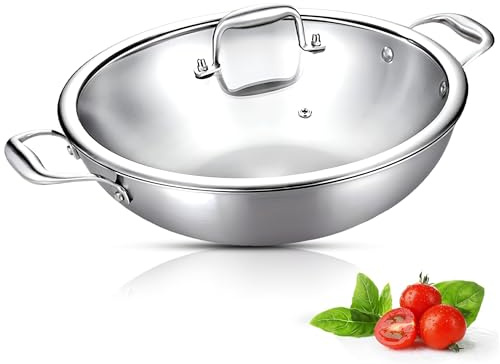 Sterling Saver Tri Ply Stainless Steel Kadai with Lid for Home & Kitchen | Cooking Pan Compatible for Gas and Induction | Durable 2.5mm Ideal for Everyday Cooking - 28cm