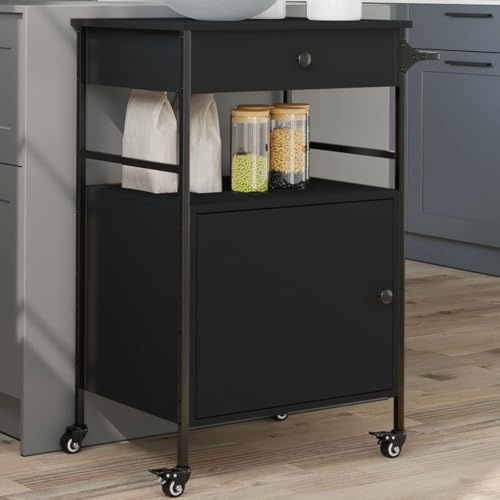 Ziaphsol Chariot de cuisine noir en bois et acier 56 x 43 x 89,5 cm avec roulettes et frein, chariot de service avec porte-serviettes, espace de rangement pour cuisine, salle à manger, salon