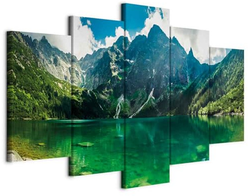 B&D XXL - Leinwandbild Natur Berge Bergsee, 225x112 cm, 5-teilig, modern | Hochwertige Leinwand, sofort aufhängbar, ideal fürs Wohn- oder Schlafzimmer, wasserfest und lichtecht, langlebig, stilvoll