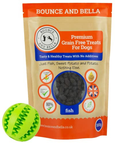 Bounce and Bella Treat Ball with Grain Free Fish Dog Training Treats - 1000 Tasty Treats - Dispenser in Green or Red (Chosen at Random) | Green or red treat ball chosen at random, Treat dispenser for reward games