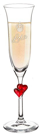 AMAVEL Sektglas mit roten Herzen am Stiel und Gravur, Krönchen, Personalisiert mit Namen, Füllmenge: 175 ml