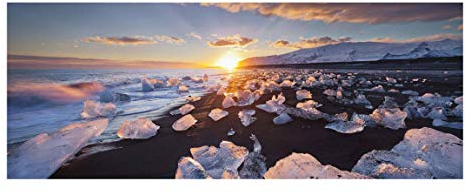 Bilderwelten Glasbild - Eisbrocken am Strand Island Wandbild Glas Panorama, 40x100 cm