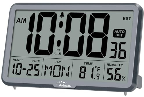 WallarGe Orologio da parete digitale a batteria, orologio da scrivania con temperatura, umidità e data, grande display digitale calendario sveglia per anziani, camera da letto, ufficio, 8 fusi orari