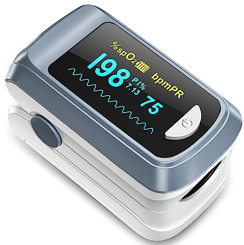 Healthtree JKS50B Pulse Oximeter Fingertip - Blood Oxygen monitor Fingertip with Perfusion Index, Fast 5-8s Reading, Large OLED Display, SpO2 & Heart Rate monitor for Home, Sports, Travel (Includes Batteries & Lanyard)
