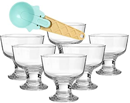 Set de 6 copas de helado de cristal y una cucharilla para helados plastica
