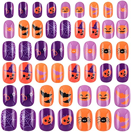 JANYUN 48 Pcs False Nail Press on Nails Kids Full Cover Short False Nail Children Nails Lovely Gift for Kids Little Girls Nail Art Decoration(Halloween)