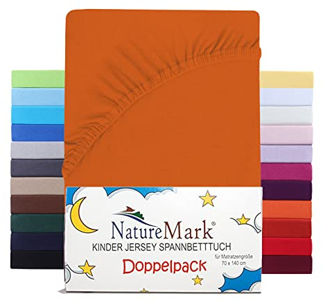 NatureMark 2er Set Kinder Spannbettlaken Jersey, Spannbetttuch 100% Baumwolle, für Babybett und Kinderbett | 70x140 cm - Terrakotta