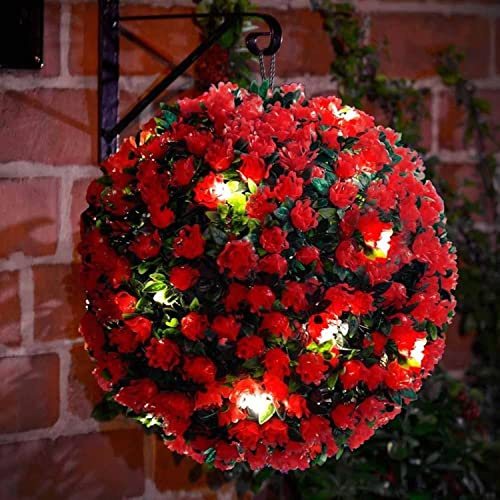 Siam Express 28cm Solar Powered 20 Warm White LED Rose Round Topiary Garden Outdoor Ball Sphere Dual Function Artificial Boxwood Hanging Lights Auto On At Dusk (1 x Red Topiary Ball)