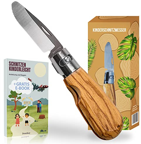 Demikay® - Kinderschnitzmesser - [EINKLAPPBAR] - inkl. E-Book - Schnitzmesser für Kinder - Kindermesser klappbar - Kindermesser Eiche (Olive)