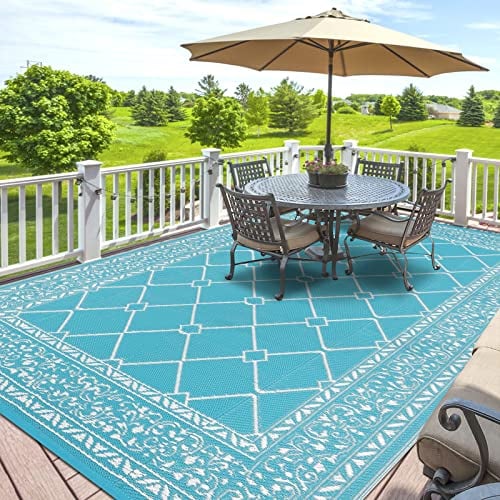 SHACOS Outdoor Teppich Wetterfest 150x210 cm Terrassenteppich UV-beständig Balkon Teppich Wasserfest Gartenteppich Outdoor Außenteppich Kunststoff Teppich für Balkon, Terrasse, Strand, Pool, Türkis