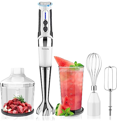 Cordless Immersion Blender Handheld Electric, 21-Speed with 3-Angle Adjustable, 4-in-1 USB Rechargeable Stick Blender with 304 Stainless Steel Blades, Chopper, Beaker, Puree,Baby Food (White)