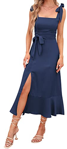Abendkleider Elegant für Hochzeit Damen Sexy Spaghetti Kleid mit Schlitz Sommerkleid Hochzeitsgäste Festliche Hochzeitskleid Cocktailkleid Partykleid Abschlusskleid Lang Ballkleider Marineblau S