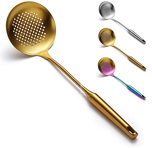 Evanda Abschäumer, 38 cm Edelstahl-Küchensieb mit Gold-Titan-Beschichtung, Schlitzlöffel, mit Komfortgriff und Aufhängelöchern, Siebe für die Küche
