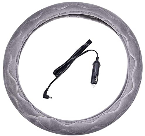 ihreesy 12V Beheizbare Lenkradabdeckung, 38cm Winter Plüsch Lenkradschoner Lenkradbezug Lenkradhülle Heizung Warmer Universel für Auto SUV,Grau